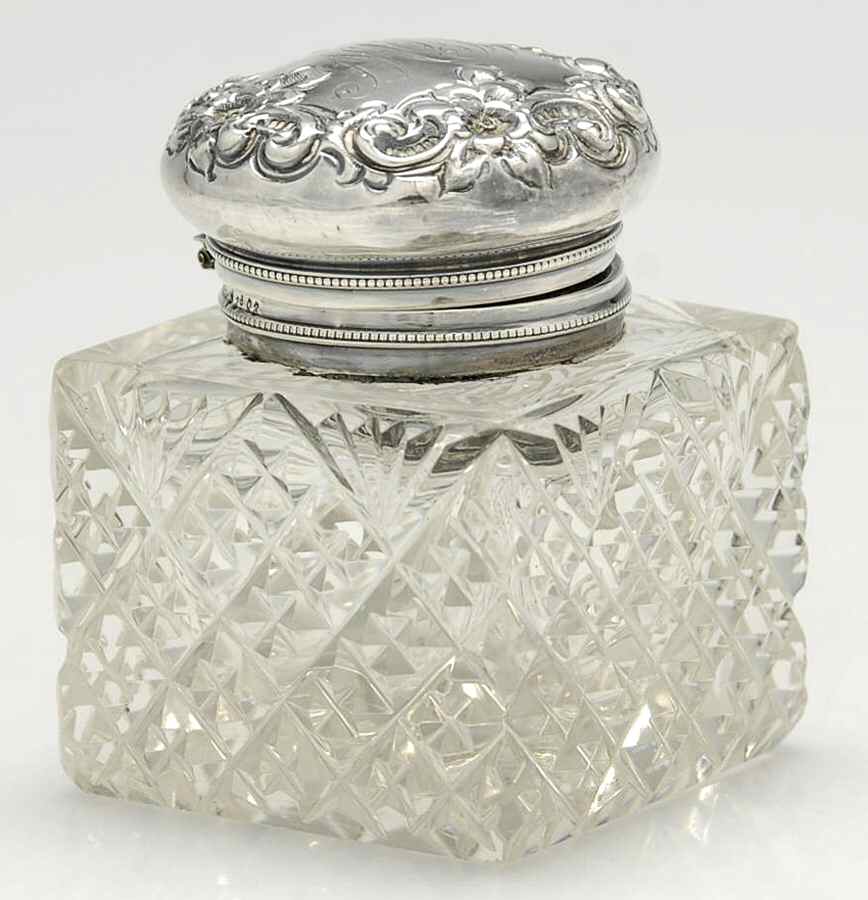 Sterling Hollowware Crystal Bowl Inkwell & Sterling Lid by Unknown Manufacturer-1