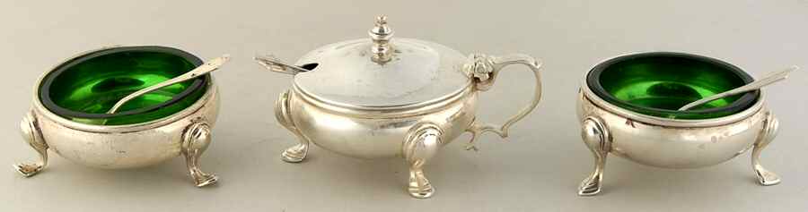 Sterling Hollowware Mustard Pot & 2 Open Salts w/Green Liner & Spoons by Unknown Manufacturer-1