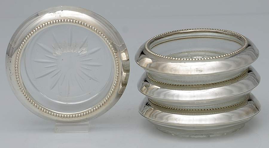 Sterling Hollowware Crystal Coaster with Sterling Rim - Set of 4 Motif 1 by Unknown Manufacturer-1