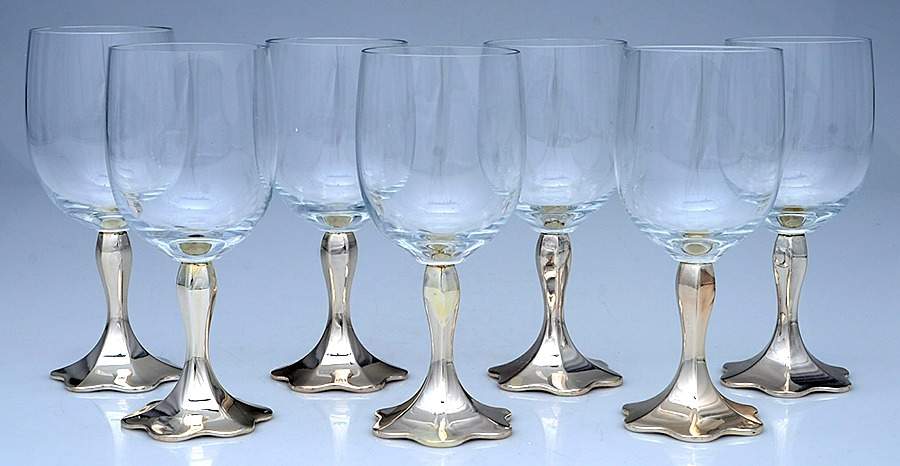 Sterling Hollowware (Set of 7) Crystal Wines W/Weighted Sterling Base by Unknown Manufacturer-1