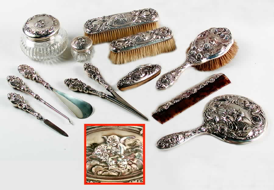 Loves Dream (Sterling, 1904, Hollowware) (12 Pc) Dresser Set by Unger Brothers-1