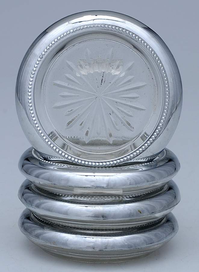Silverplate Hollowware Crystal Coaster with Silverplate Rim - Set of 4 by Unknown Manufacturer-1