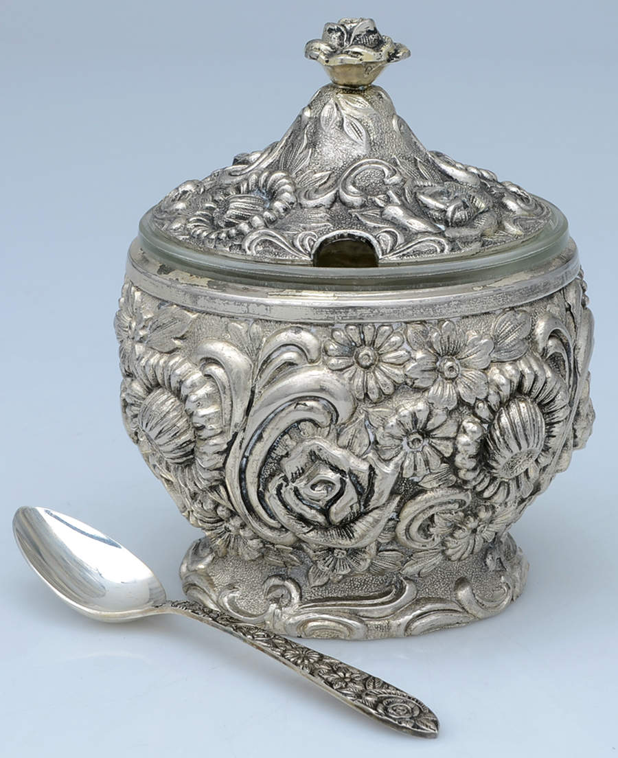 Silverplate Hollowware Jam Jar & Lid with Glass Liner & Spoon by Unknown Manufacturer-1