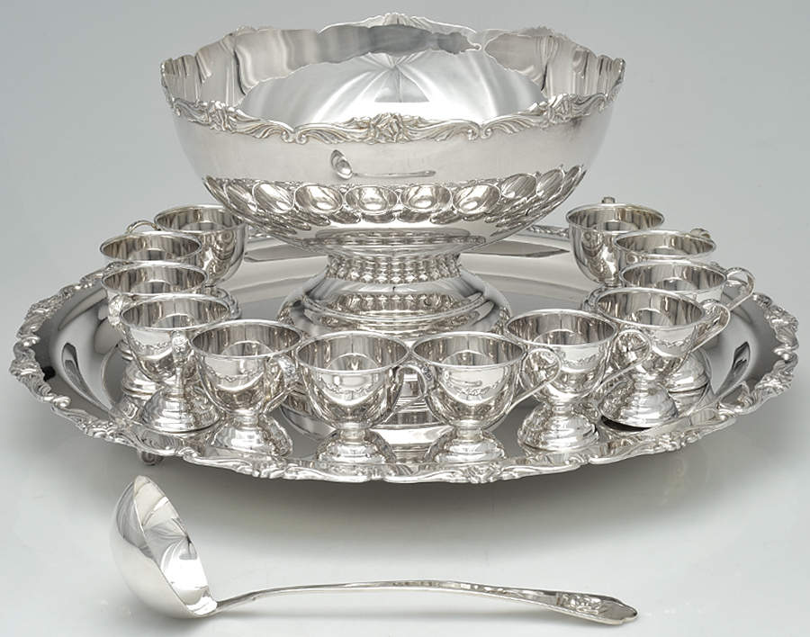 Silverplate Hollowware 15 Pc Punch Set (Bowl,12 Cup,Tray,Ladle) by Unknown Manufacturer-1