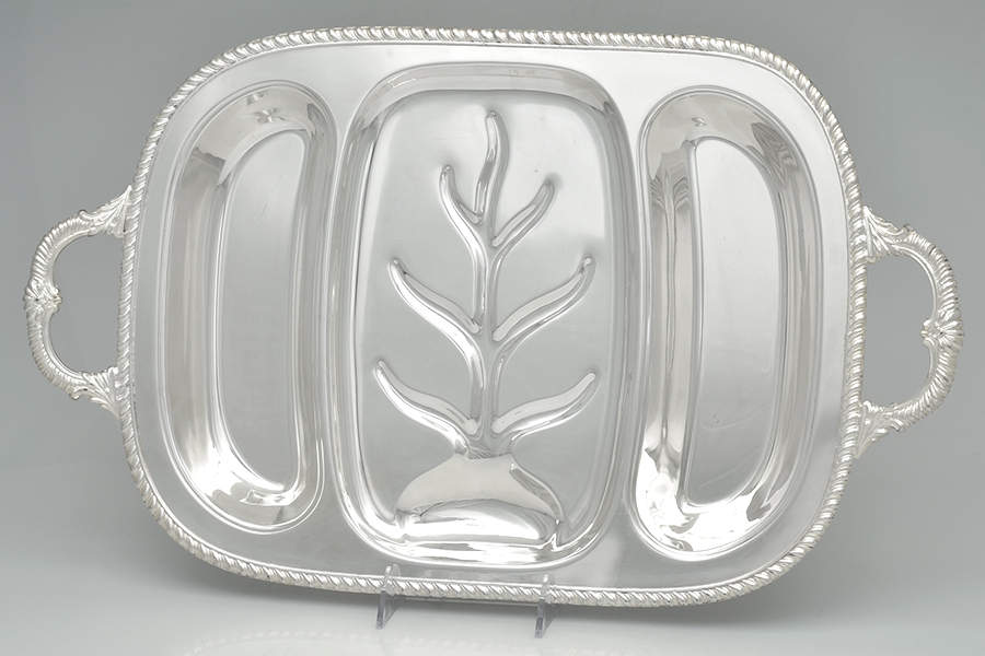 Silverplate Hollowware 17" 3 Pt Meat Platter with Well by Unknown Manufacturer-1