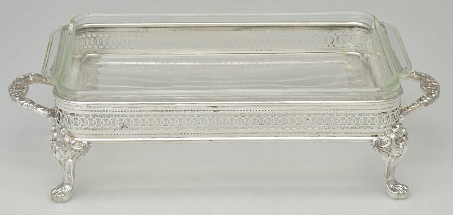 Silverplate Hollowware 2 Qt Rectangular Glass Casserole w/Metal Holder by Unknown Manufacturer-1