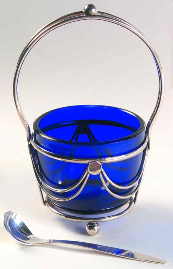 Silverplate Hollowware Handled Sugar Basket With Cobalt Liner by Unknown Manufacturer-1