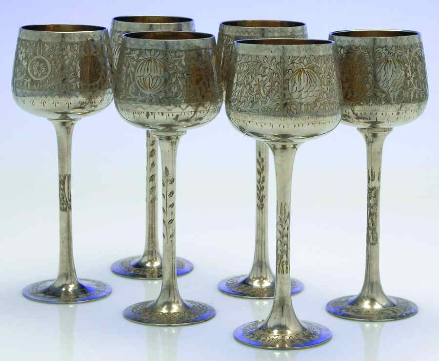 India Silverplate Hollowware-Etched Wine Goblet - Set of 6 by Unknown Manufacturer-1