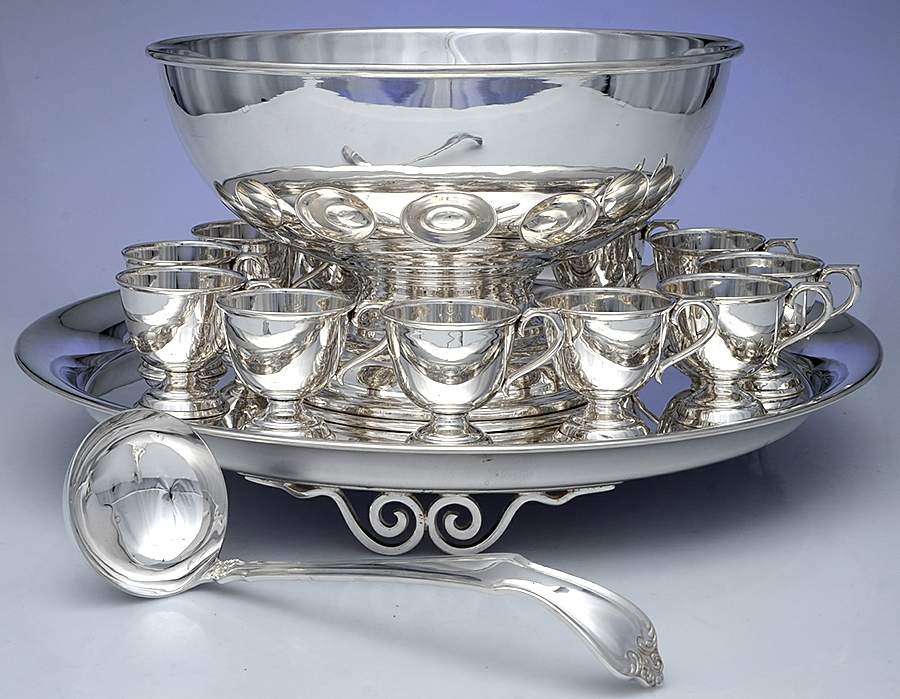 Silverplate Hollowware Punch Set (Bowl,Tray,Ladle & 12 Cups) by Unknown Manufacturer-1