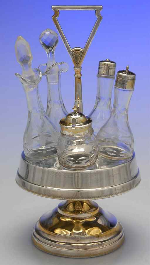 Silverplate Hollowware 6 Pc Condiment (5 Glass Bottles w/Holder) by Unknown Manufacturer-1