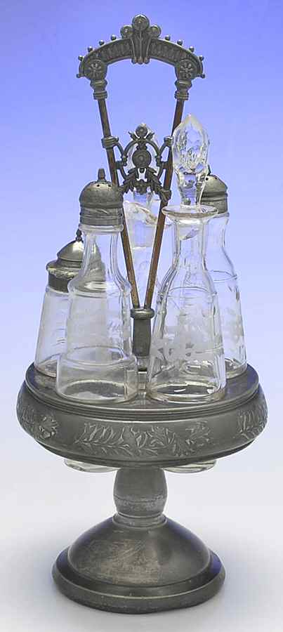 Silverplate Hollowware 6 Pc Condiment (5 Glass Bottles w/Holder) by Unknown Manufacturer-1