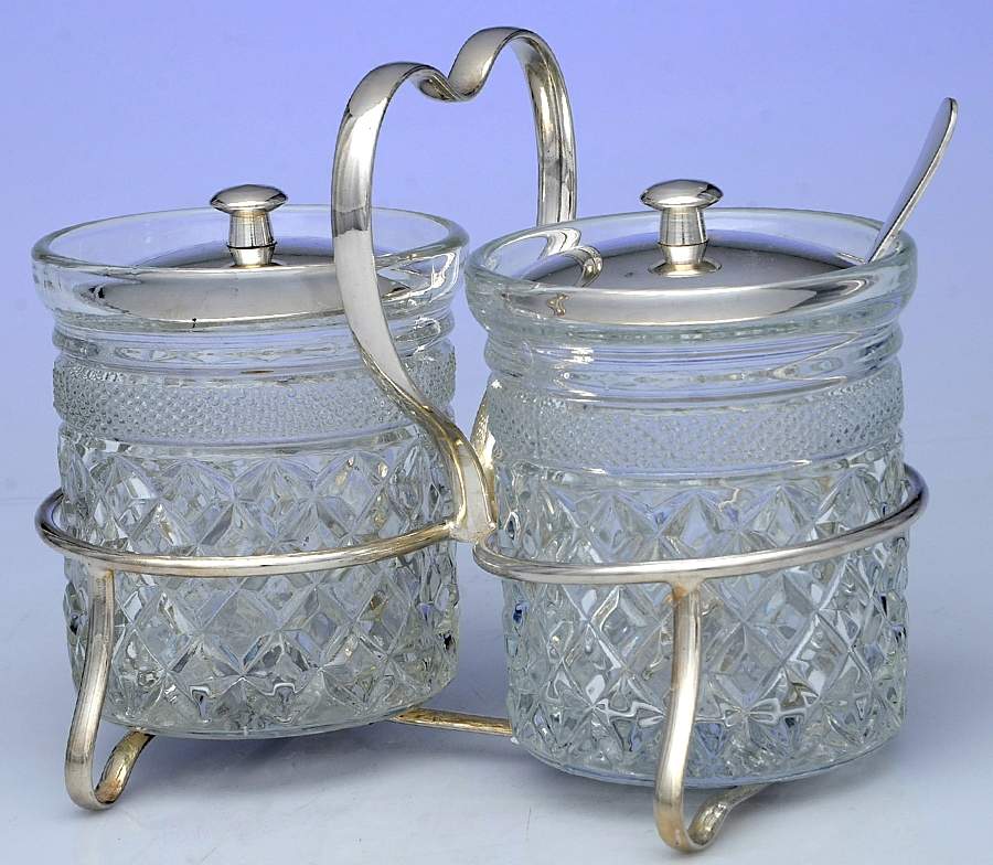 Silverplate Hollowware Jam/Jelly Set (2 Glass Jars W/Metal Lids & Stand) by Unknown Manufacturer-1
