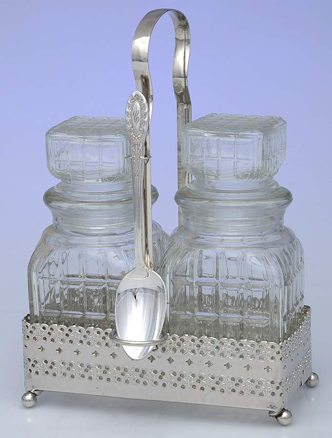 Silverplate Hollowware Jam Set (2 Glass Jars & Stand) by Unknown Manufacturer-1