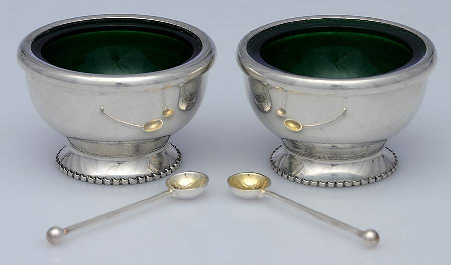 Silverplate Hollowware Open Salt Master with Green Liner - Set of 2 by Unknown Manufacturer-1