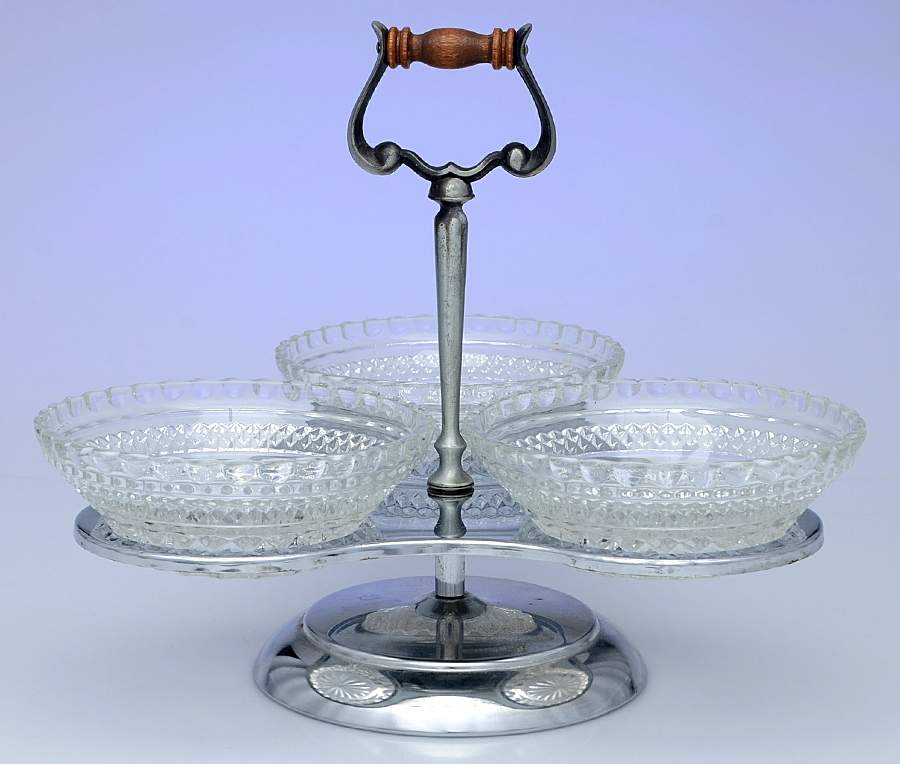 Silverplate Hollowware 4pc Condiment Bowl Set (3 Glass Bowls&Metal Stand) by Unknown Manufacturer-1