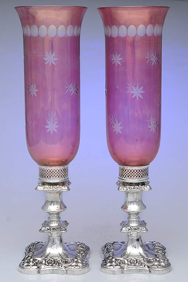 UNH35 (Silverplate, Hollowware) Pair of Hurricane Lamps & Globes by Unknown Manufacturer-1