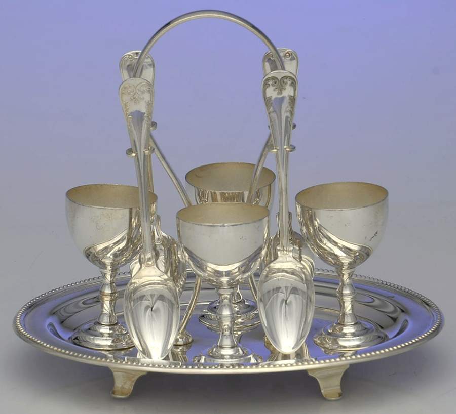 Silverplate Hollowware Egg Cup Set-4 Egg Cups,4 Egg Spoons&Handled Stand by Unknown Manufacturer-1