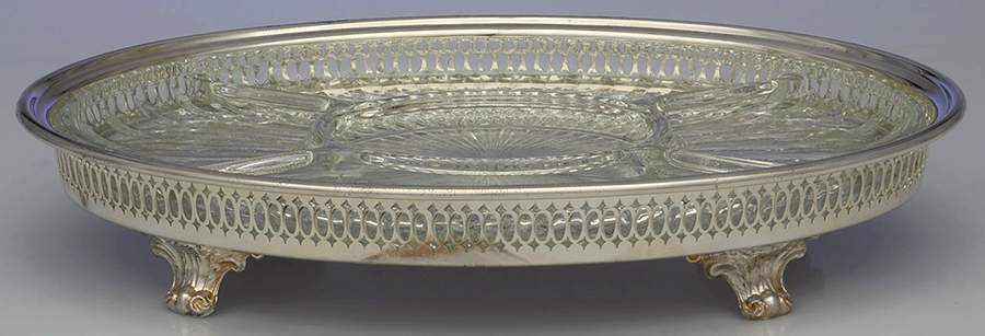Silverplate Hollowware 14" Gallery Tray with 5 Part Glass Liner by Unknown Manufacturer-1