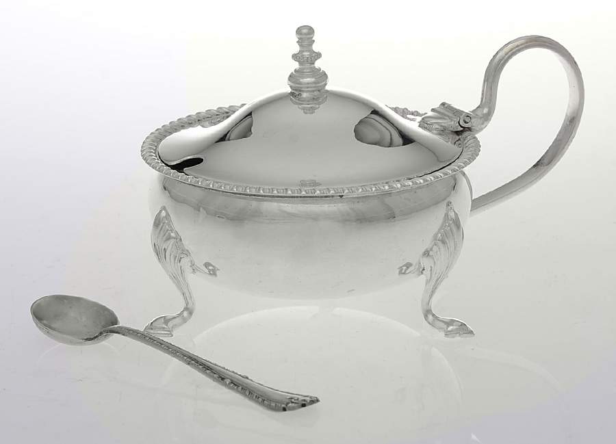 Silverplate Hollowware Mustard Pot with Hinged Lid,Cobalt Liner & Spoon by Unknown Manufacturer-1