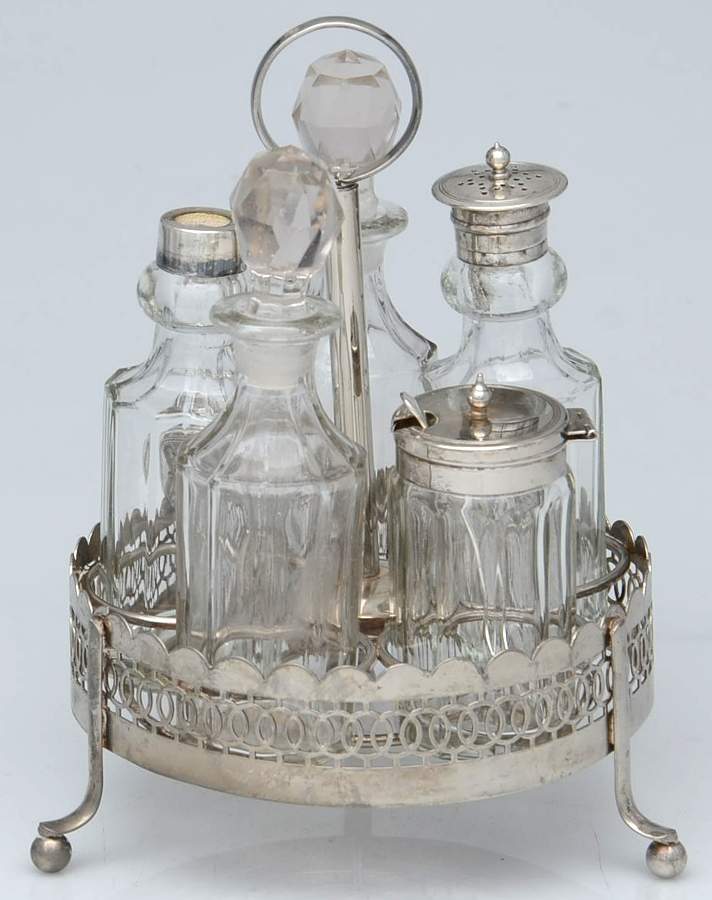 Silverplate Hollowware 6 Pc Condiment (5 Glass Bottles w/Holder) by Unknown Manufacturer-1
