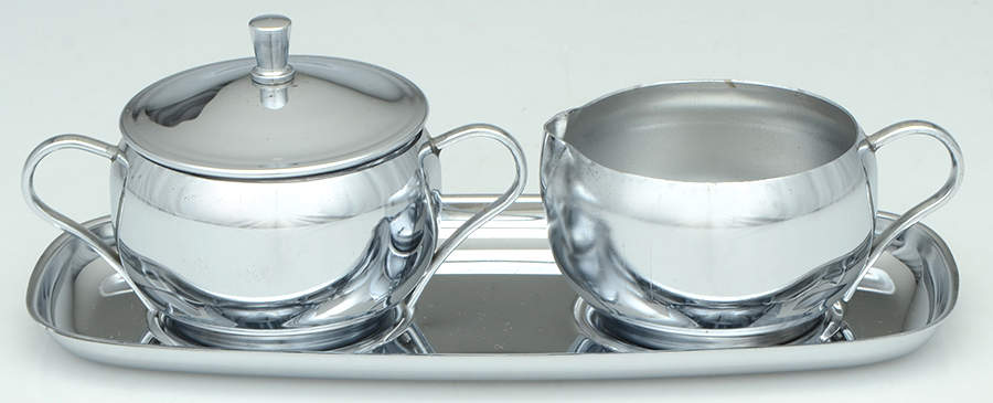 Stainless Hollowware Creamer, Sugar & Lid with Tray Set by Unknown Manufacturer-1