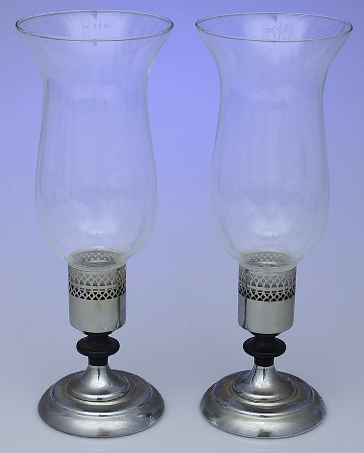 Stainless Hollowware Pair of Hurricane Lamps & Globes by Unknown Manufacturer-1
