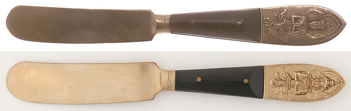 Siam (Brass)-Black Handle, Sitting Buddha Butter Spreader Hollow Hdl-Paddle/Stainless Blade by Unknown Mfg Silver-1