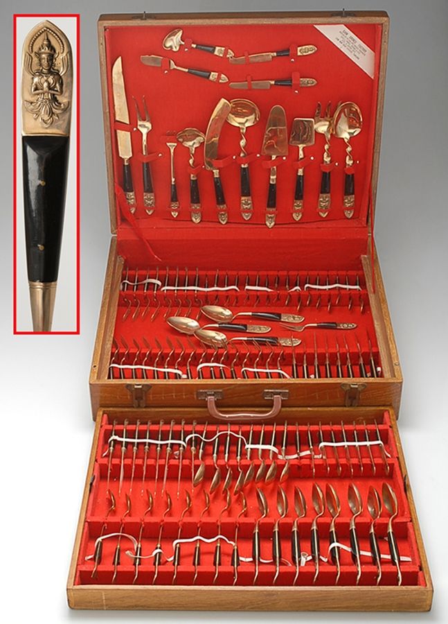 Siam (Brass)-Black Handle, Sitting Buddha 106 Piece Set by Unknown Mfg Silver-1