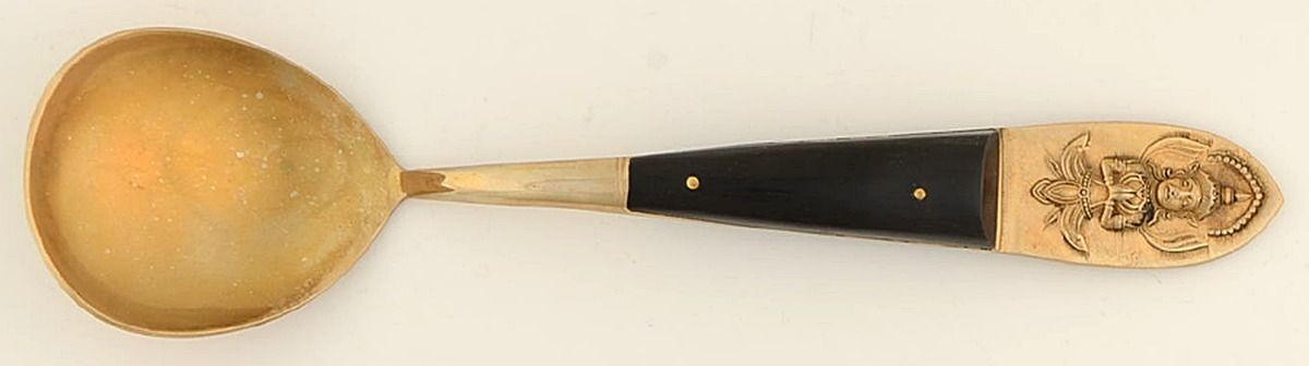 Siam (Brass)-Black Handle, Sitting Buddha Round Bowl Soup Spoon (Gumbo) by Unknown Mfg Silver-1