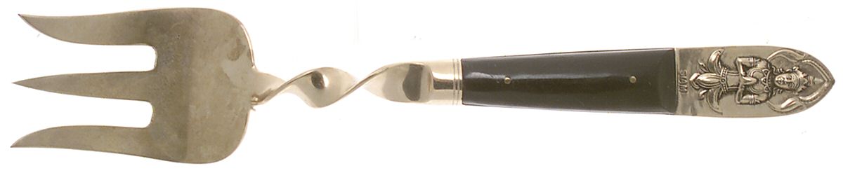 Siam (Brass)-Black Handle, Sitting Buddha Large Solid Cold Meat Serving Fork by Unknown Mfg Silver-1