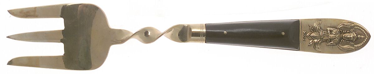 Siam (Brass)-Black Handle, Sitting Buddha Medium Solid Cold Meat Serving Fork by Unknown Mfg Silver-1