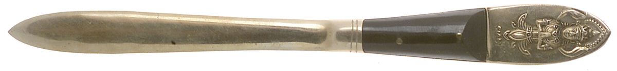 Siam (Brass)-Black Handle, Sitting Buddha Letter Opener Solid Piece by Unknown Mfg Silver-1