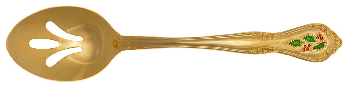Holly Yuletide (Gold Electroplate) Pierced Tablespoon (Serving Spoon) by Unknown Mfg Silver-1