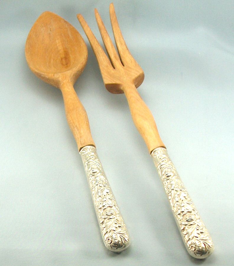 UNF544 (Sterling) Wooden Bowl 2-Piece Salad Set by Unknown Mfg Silver-1