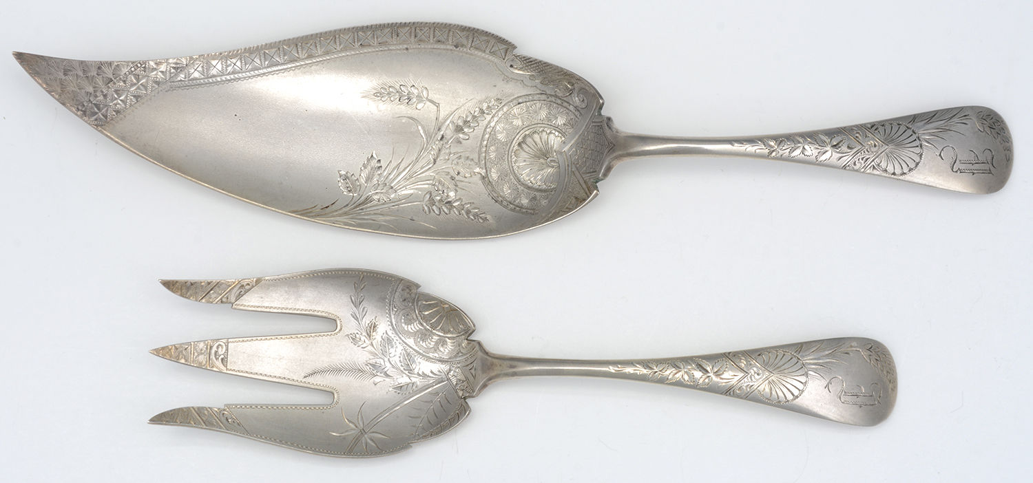Sterling Flatware (2 Pc) Solid Small Fish Serving Set Bright Cut by Unknown Mfg Silver-1