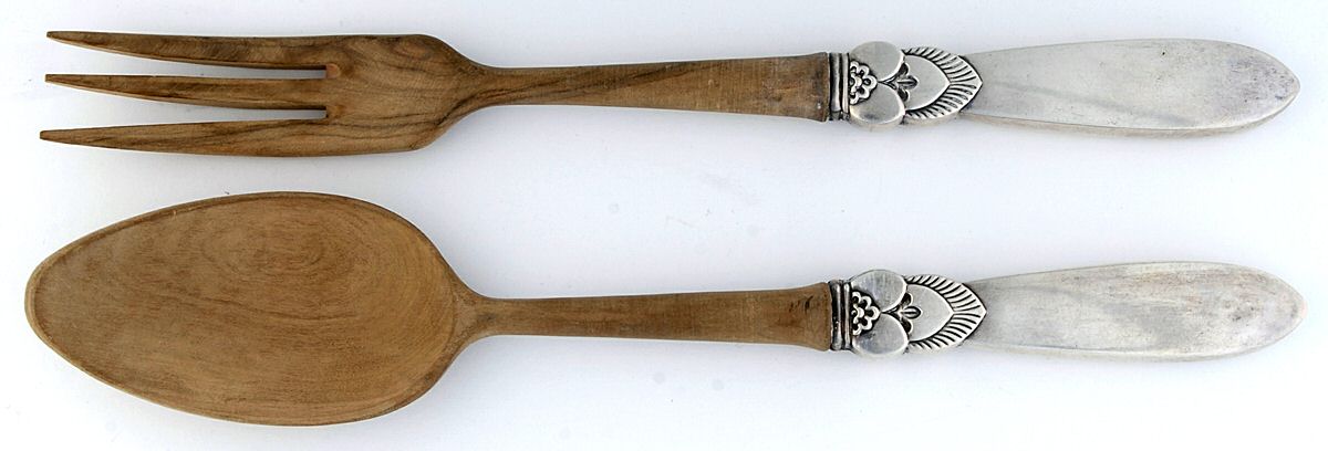 Sterling Flatware Wooden Bowl 2 Piece Salad Set by Unknown Mfg Silver-1