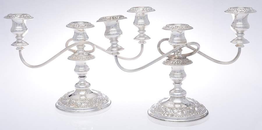 England Silverplate Hollowware Pair of 3 Light Weighted Candelabra with Bobech by Unknown Manufacturer-1