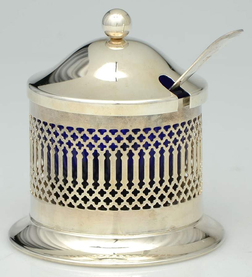 England Silverplate Hollowware Jam Jar with Lid, Spoon & Cobalt Liner by Unknown Manufacturer-1