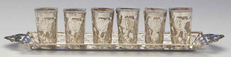 Mexico Sterling Hollowware Crystal Shot Glass - Set of 6 with Sterling Overlay & 9" Tray by Unknown Manufacturer-1