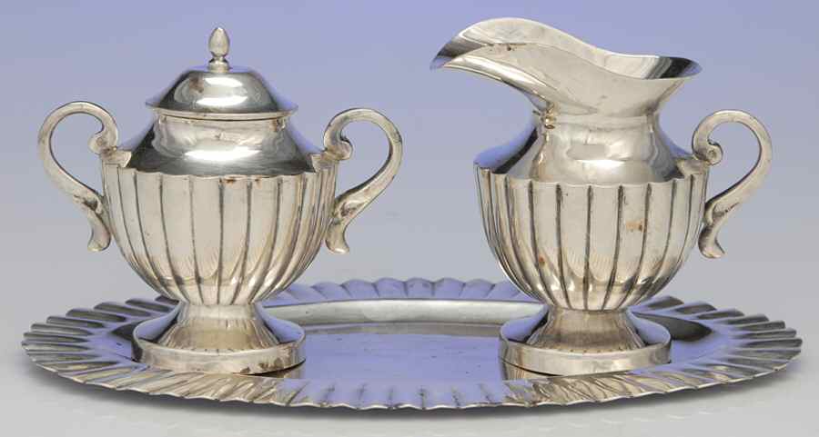 Mexico Sterling Hollowware Mini Creamer, Covered Sugar & Tray Set by Unknown Manufacturer-1