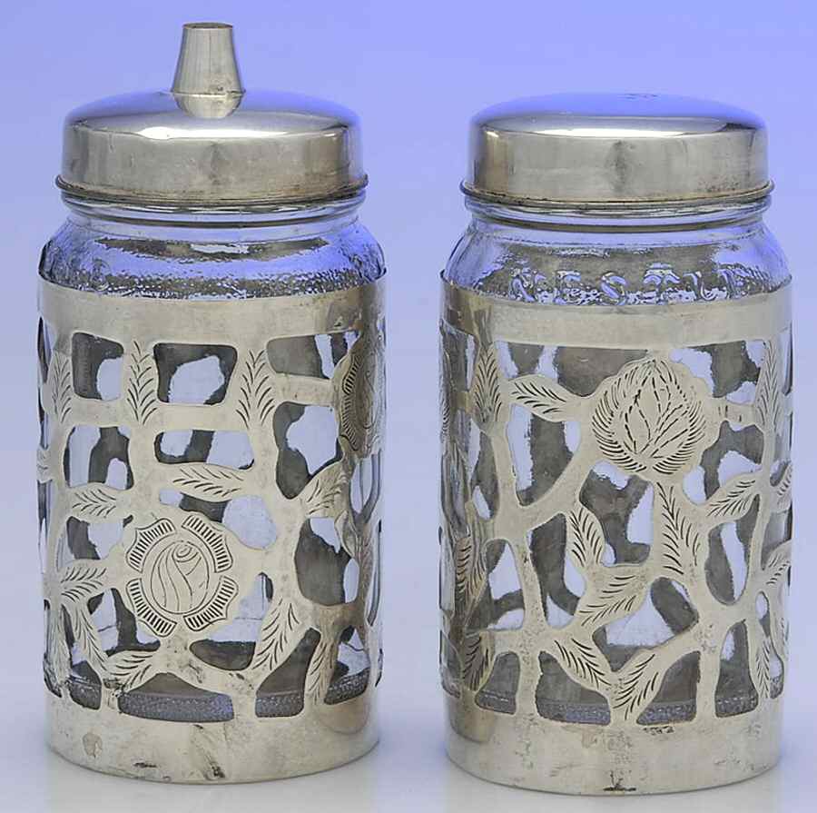 Mexico Sterling Hollowware Pair of Nestle Jar w/Sterling Overlay  &Metal Lid by Unknown Manufacturer-1