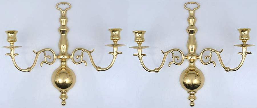 Brass Candlesticks Pair of 2 Arm Sconces 12" Wide by Unknown Manufacturer-1
