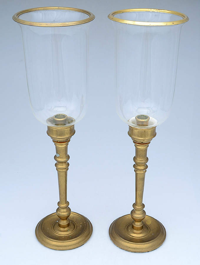 Brass Candlesticks Pair of Hurricane Lamps & Globes by Unknown Manufacturer-1