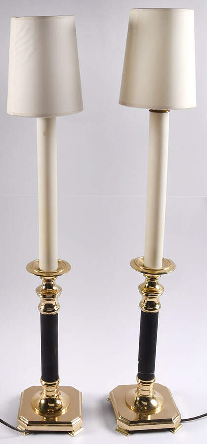 Brass Candlesticks Pair of Electric Candlesticks & Shades by Unknown Manufacturer-1