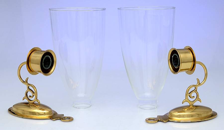 Brass Candlesticks Pair of Wall Sconces & Glass Globes by Unknown Manufacturer-1
