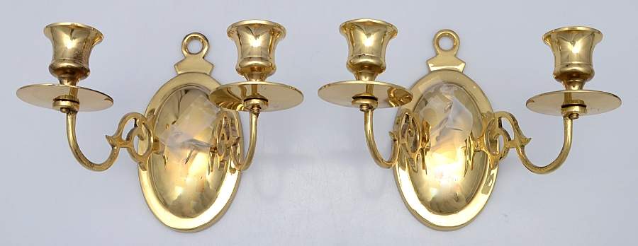 Brass Candlesticks Pair of 2 Arm Sconces 8" Wide by Unknown Manufacturer-1