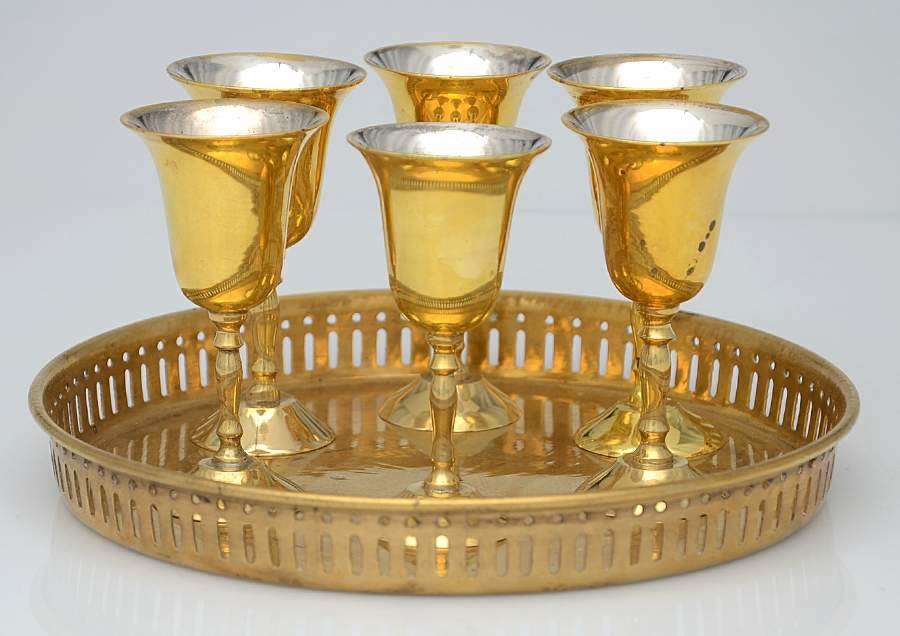 Brass Candlesticks Cordial - Set of 6 with Round Tray by Unknown Manufacturer-1