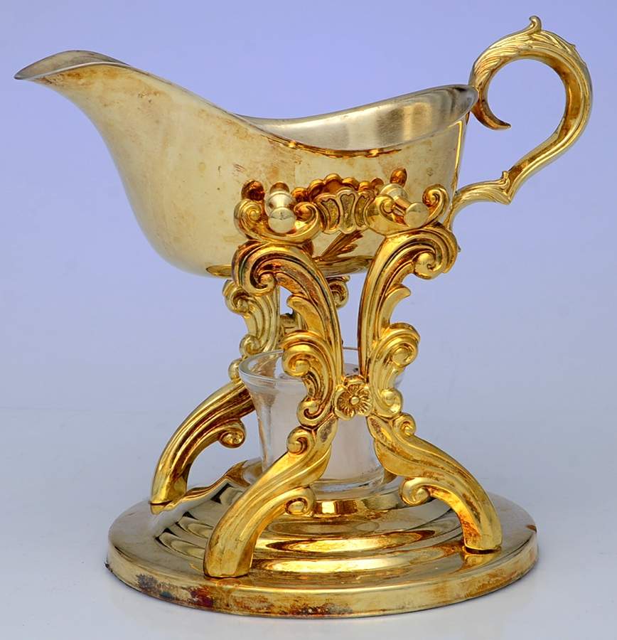 Gold Electroplate Hollowware Swinging Gravy Boat, Stand, and Burner by Unknown Manufacturer-1