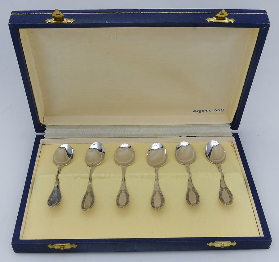 Italy Sterling Flatware (Set of 6) Demitasse Spoon with Case by Unknown Mfg Silver-1