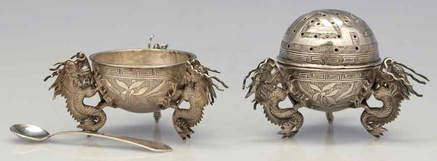 China Sterling Hollowware Sterling Open Salt, Spoon and Pepper Individual by Unknown Manufacturer-1